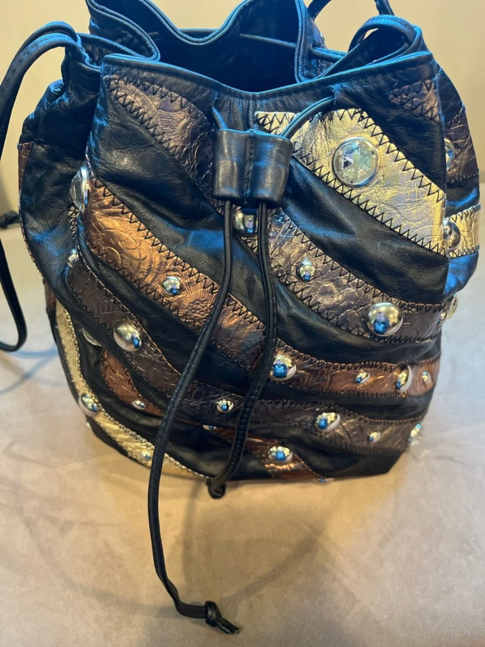 Bags by Pinky Metallic Rhinestones, Leather Drawstring Hobo Bucket Bag